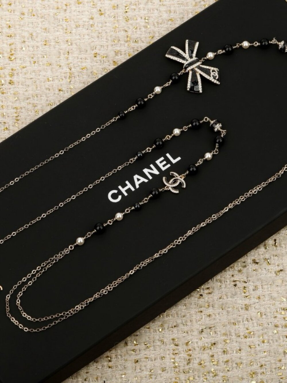 Chanel Gold-Tone Black Enamel Crystal Bow CC Long Necklace - Picture 2 of 6
